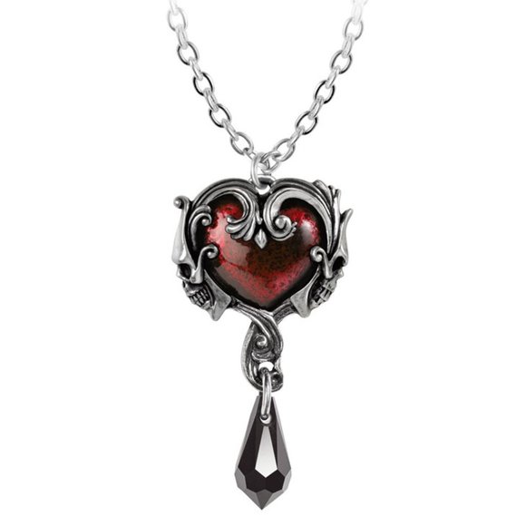 Alchemy Gothic Jewelry - Alchemy Gothic Petite Affair du Coeur Pendant Red Heart Skulls Crystal Necklace